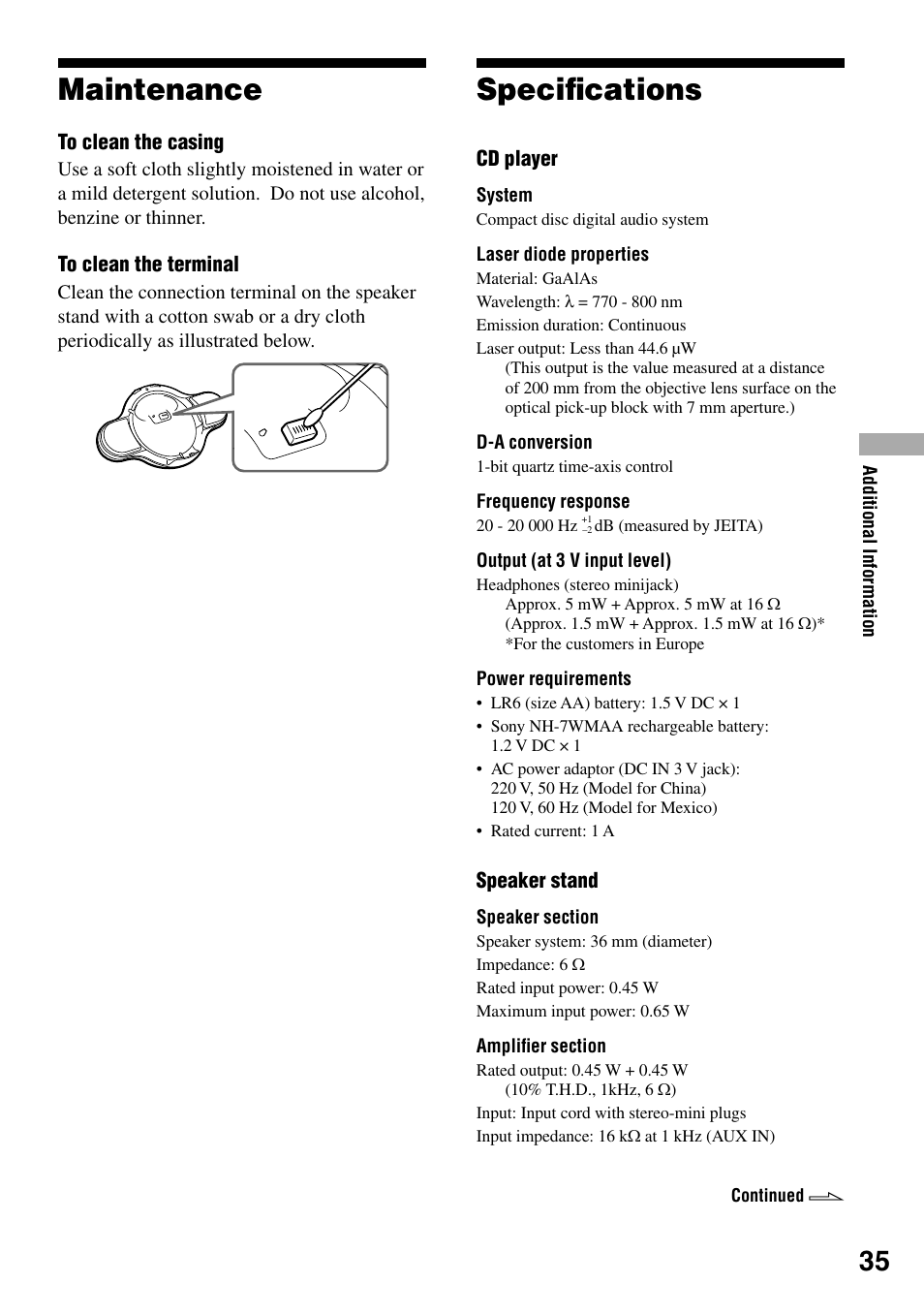 Maintenance, Specifications, Maintenance speciﬁcations | Speciﬁcations | Sony D-NE329LIV User Manual | Page 35 / 39