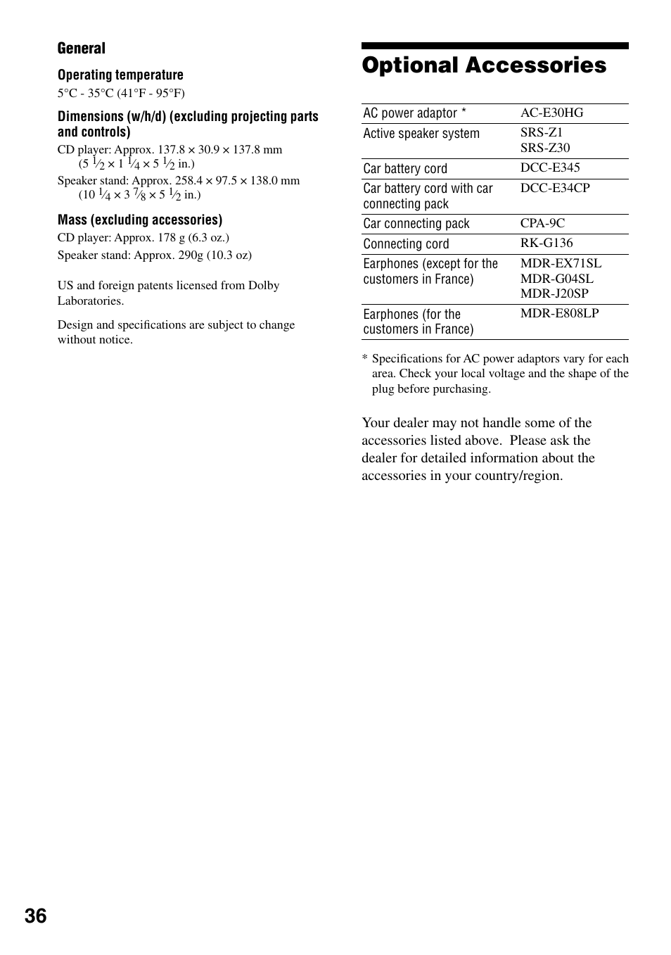 Optional accessories | Sony D-NE329LIV User Manual | Page 36 / 39
