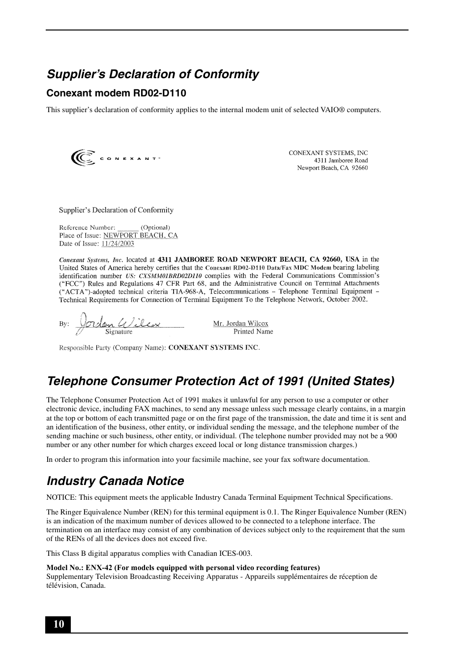 Supplier’s declaration of conformity, Industry canada notice | Sony VGN-AR300 User Manual | Page 10 / 20