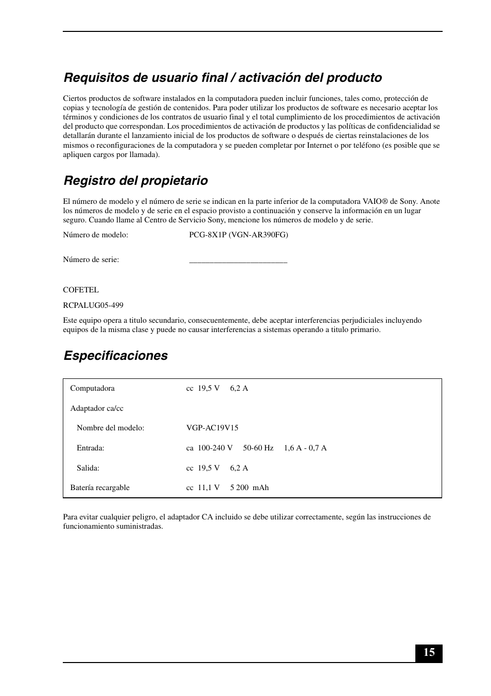 Registro del propietario, Especificaciones | Sony VGN-AR300 User Manual | Page 15 / 20