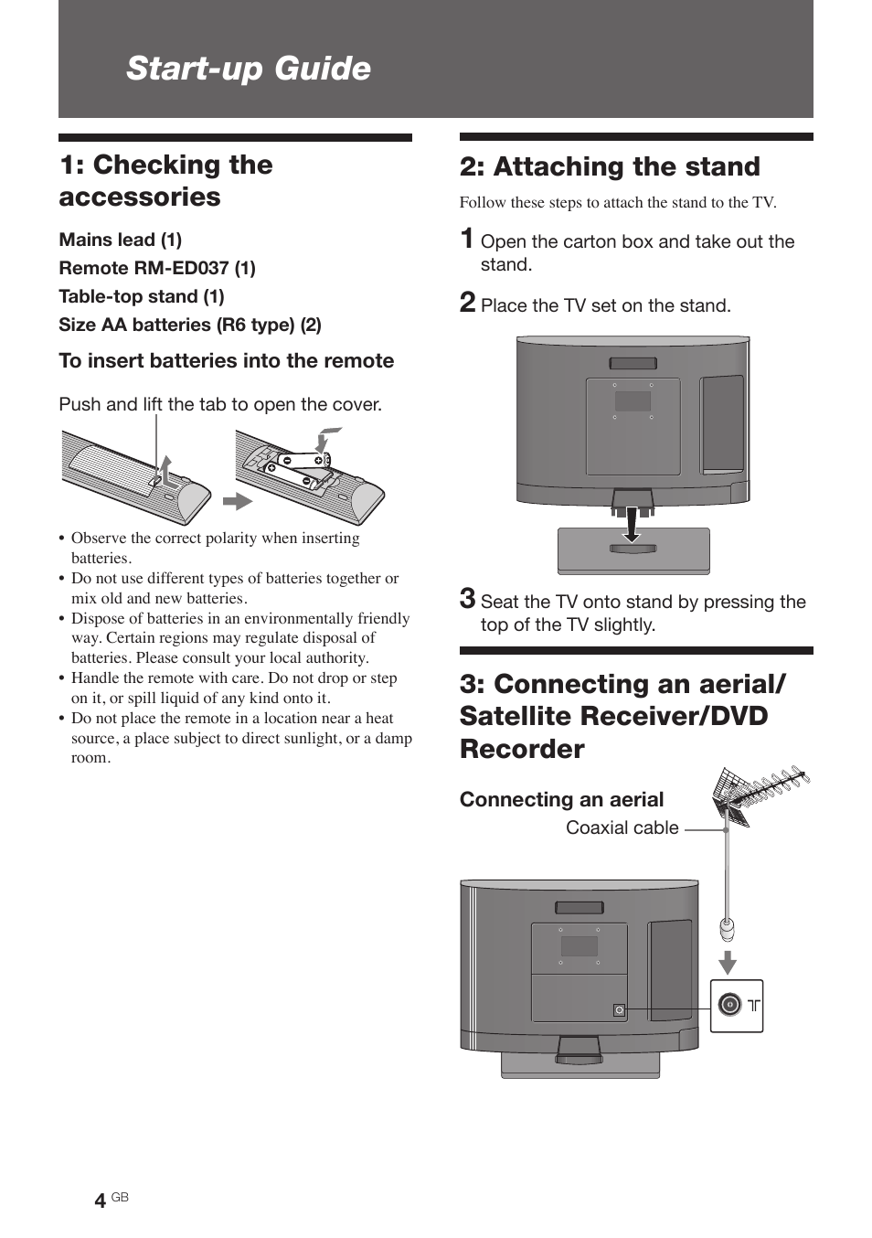 Start-up guide, Checking the accessories, Attaching the stand | Sony BRAVIA KDL-19BX200 User Manual | Page 4 / 36