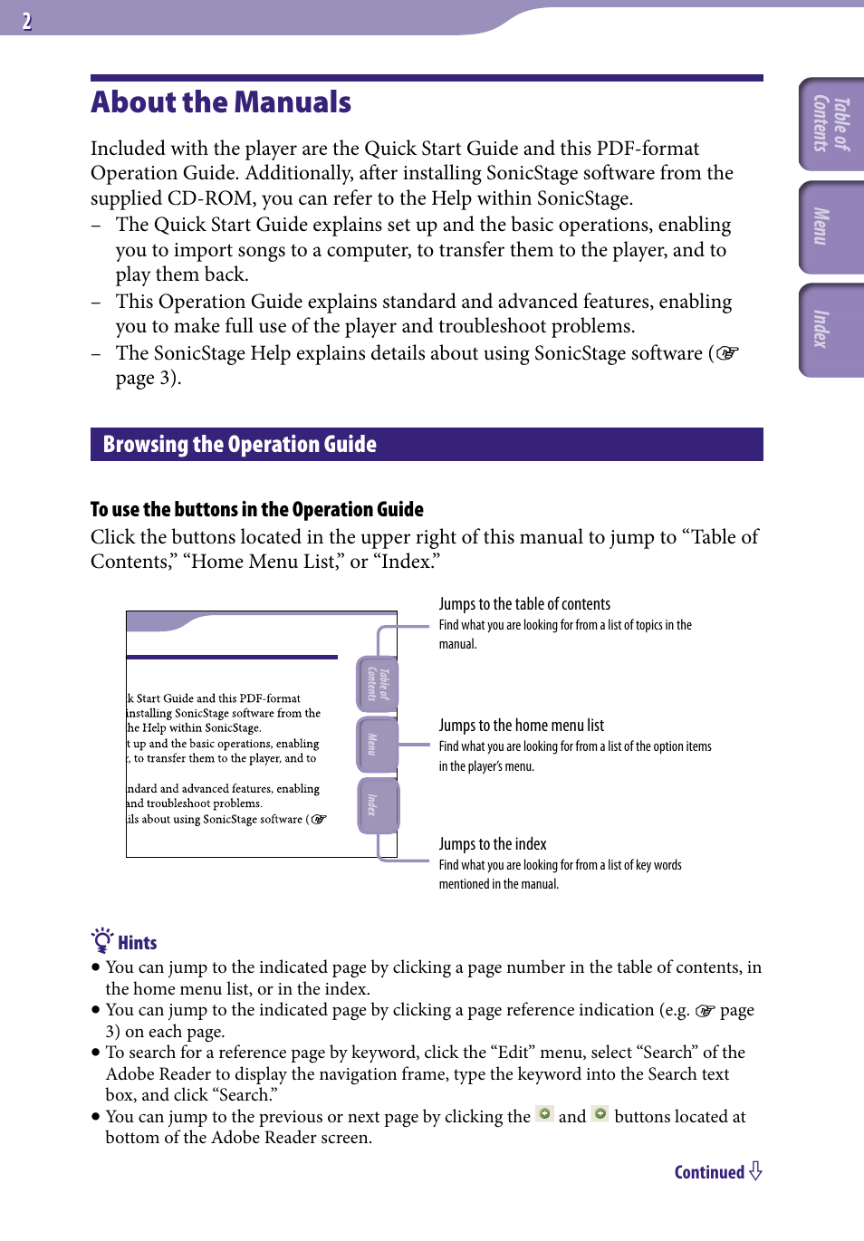 About the manuals, Browsing the operation guide | Sony NW-S203F User Manual | Page 2 / 93