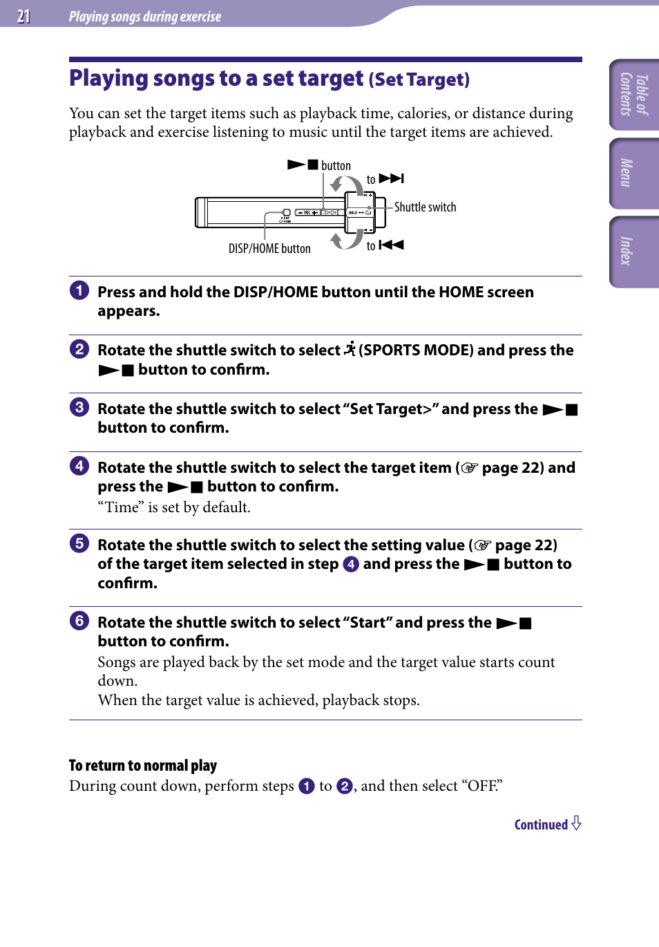 Playing songs during exercise, Playing songs to a set target (set target), Playing songs to a set | Target, Set target), Start, Set target, Playing songs to a set target | Sony NW-S203F User Manual | Page 21 / 93