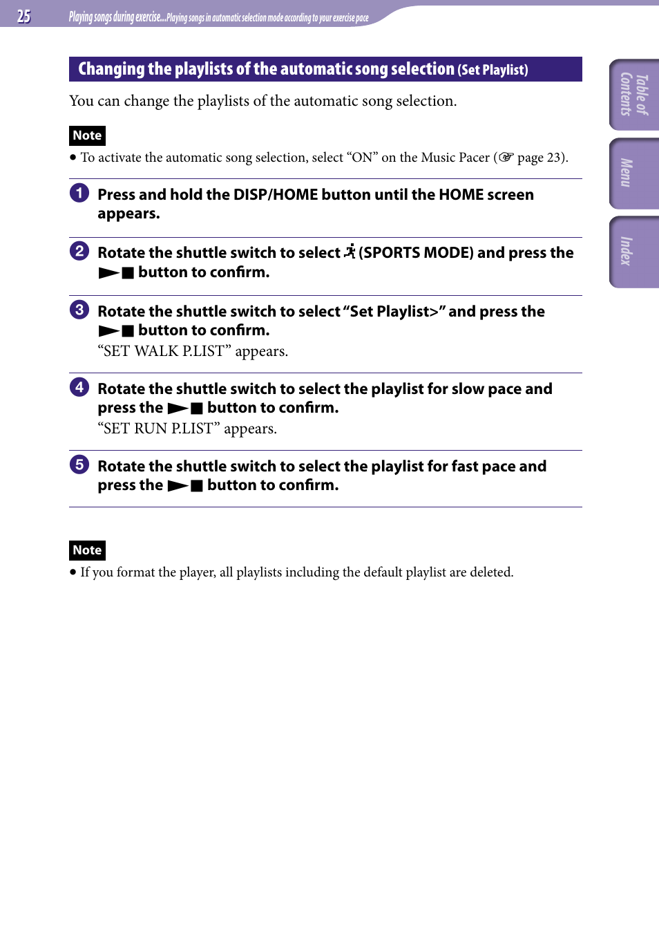 Changing the playlists of the automatic, Song selection, Set playlist) | Set playlist | Sony NW-S203F User Manual | Page 25 / 93