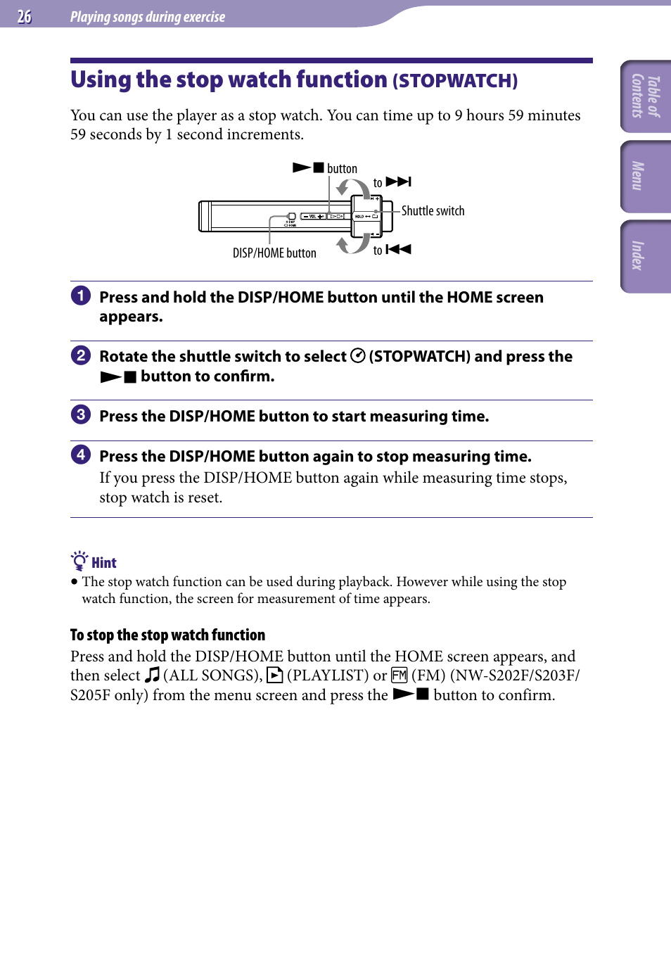Using the stop watch function (stopwatch), Using the stop watch function, Stopwatch) | Sony NW-S203F User Manual | Page 26 / 93