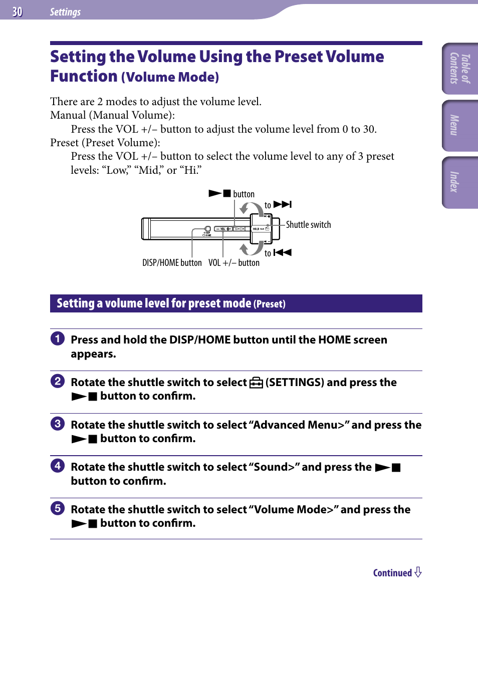 Setting a volume level for preset mode (preset), Setting the volume using the preset, Volume function | Volume mode), Setting a volume level for preset mode, Preset), Volume mode | Sony NW-S203F User Manual | Page 30 / 93