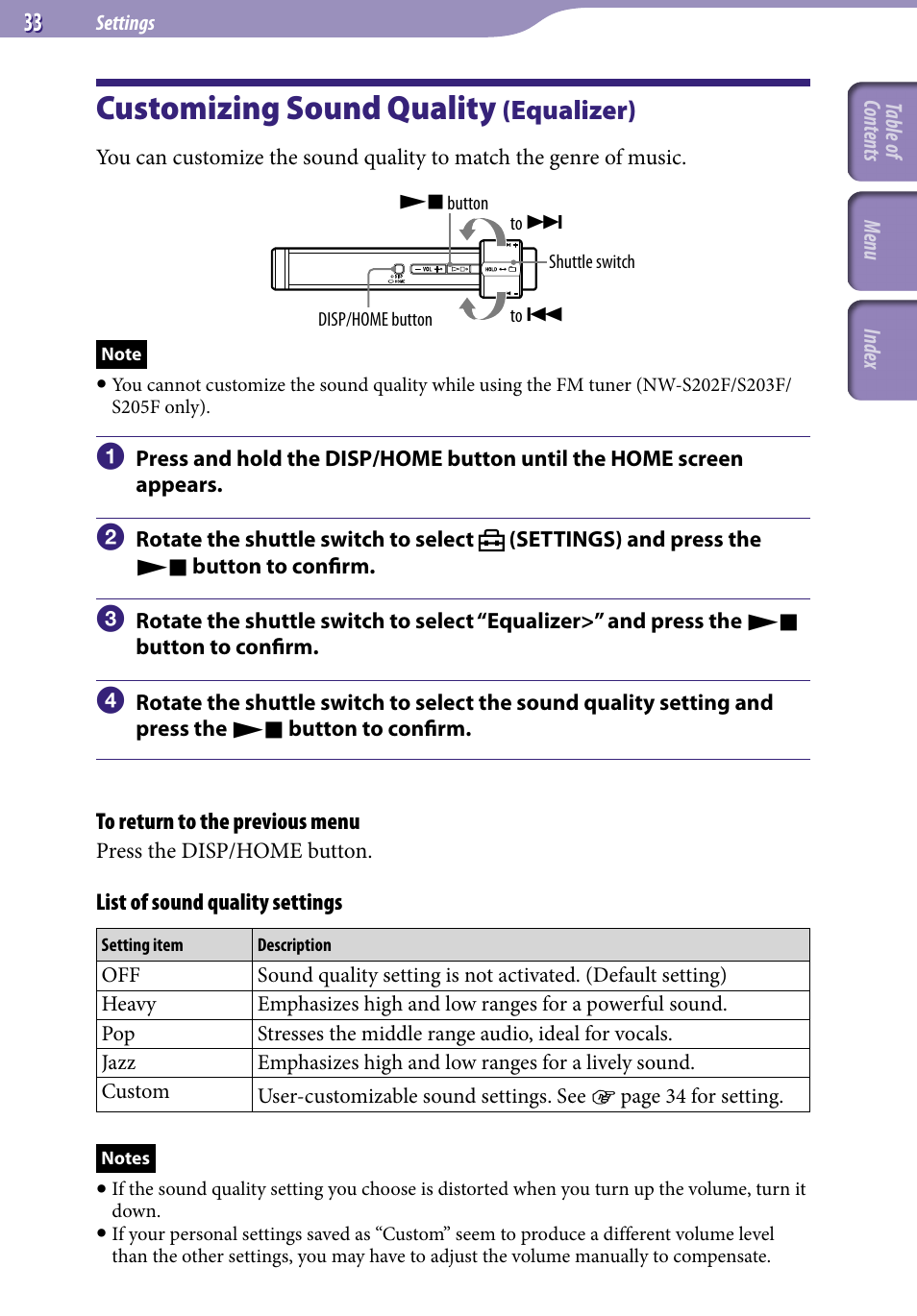 Customizing sound quality (equalizer), Customizing sound quality, Equalizer) | Equalizer | Sony NW-S203F User Manual | Page 33 / 93