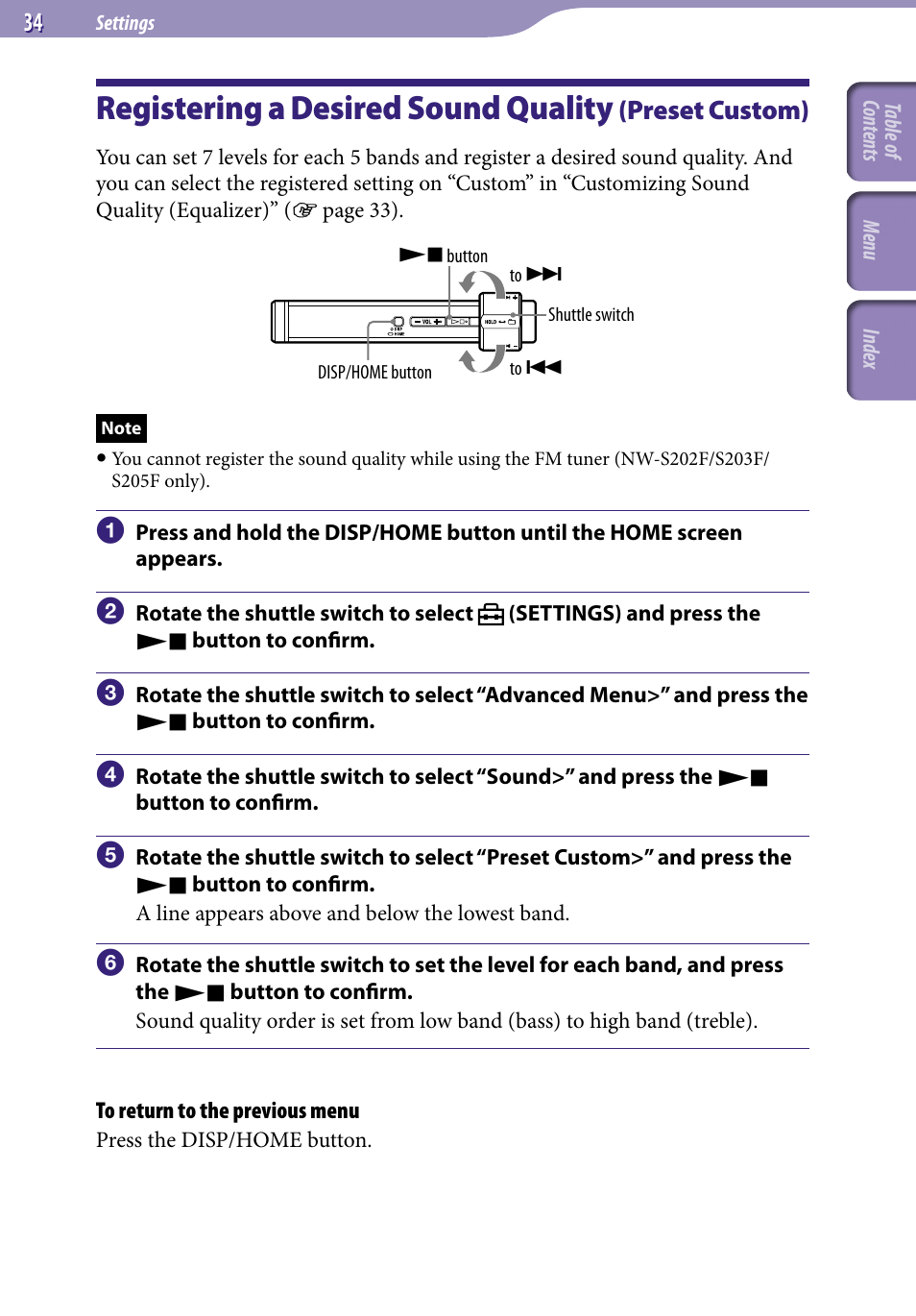 Registering a desired sound quality, Preset custom), Preset custom | Sony NW-S203F User Manual | Page 34 / 93