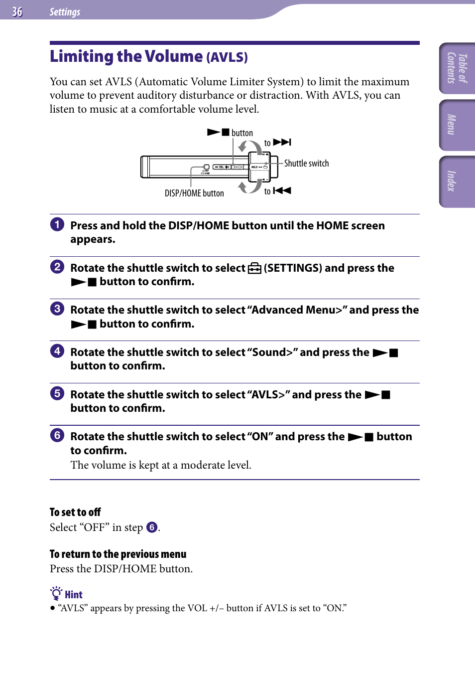 Limiting the volume (avls), Limiting the volume, Avls) | Avls | Sony NW-S203F User Manual | Page 36 / 93