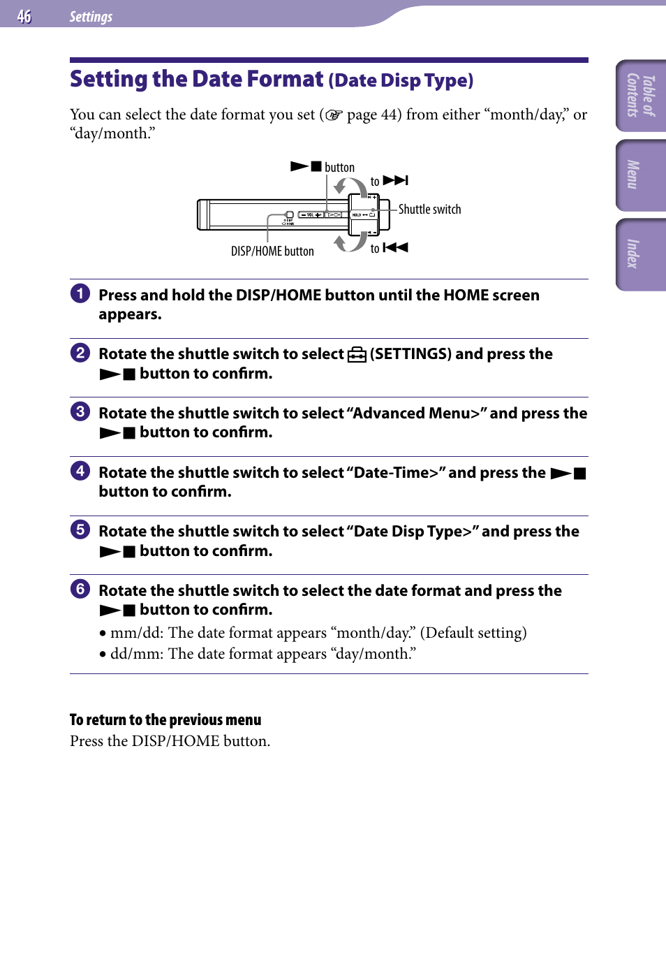 Setting the date format (date disp type), Setting the date format, Date disp type) | Date disp type | Sony NW-S203F User Manual | Page 46 / 93