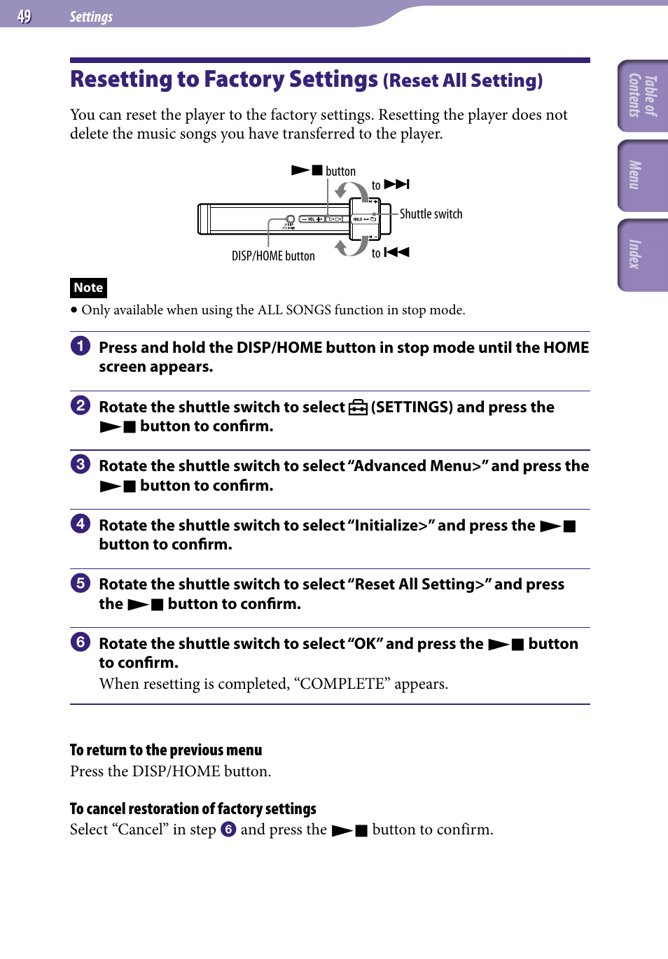 Resetting to factory settings (reset all setting), Resetting to factory settings, Reset all setting) | Reset all setting | Sony NW-S203F User Manual | Page 49 / 93