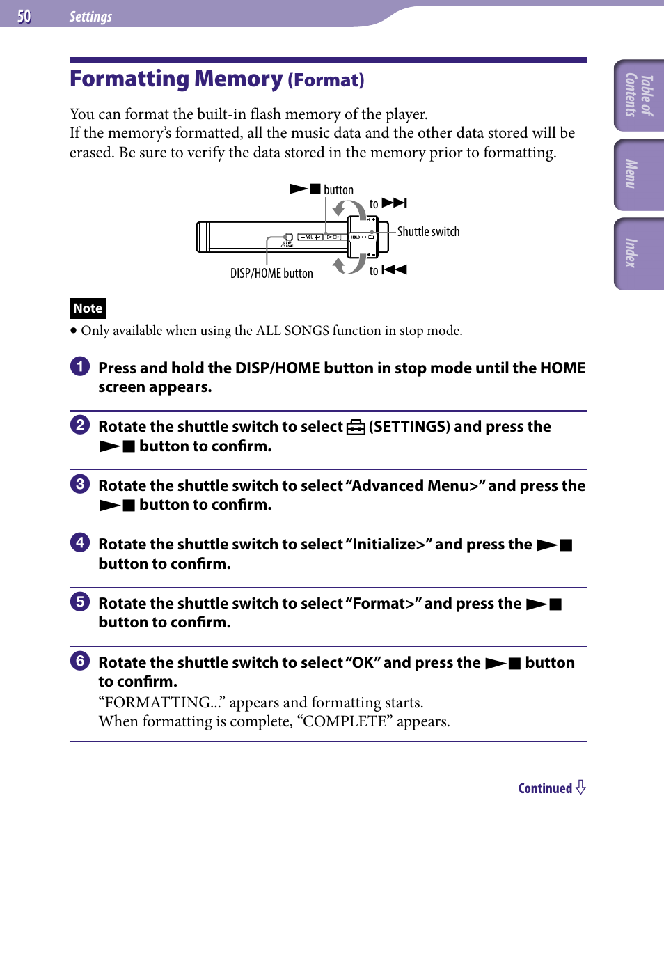 Formatting memory (format), Formatting memory, Format) | Format | Sony NW-S203F User Manual | Page 50 / 93