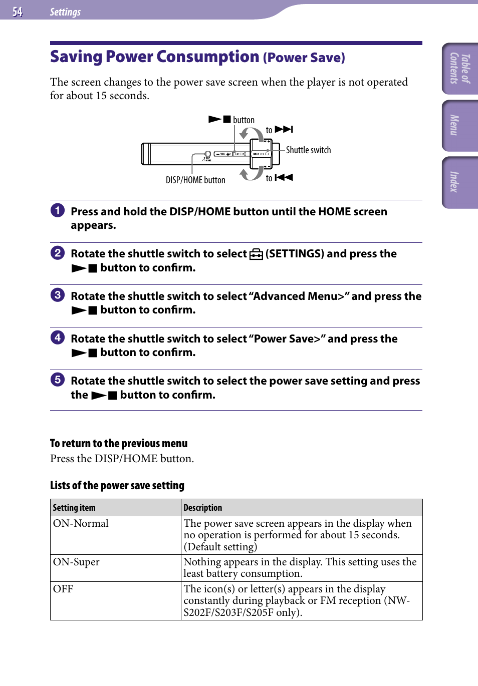 Saving power consumption (power save), Saving power consumption, Power save) | Power save | Sony NW-S203F User Manual | Page 54 / 93