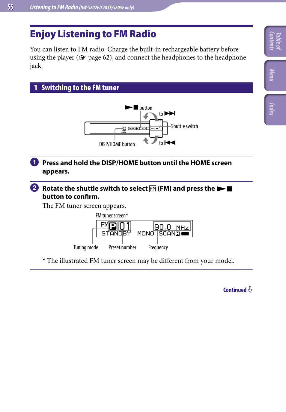 Listening to fm radio, Enjoy listening to fm radio, 1 switching to the fm tuner | Nw-s202f/s203f/s205f only) | Sony NW-S203F User Manual | Page 55 / 93