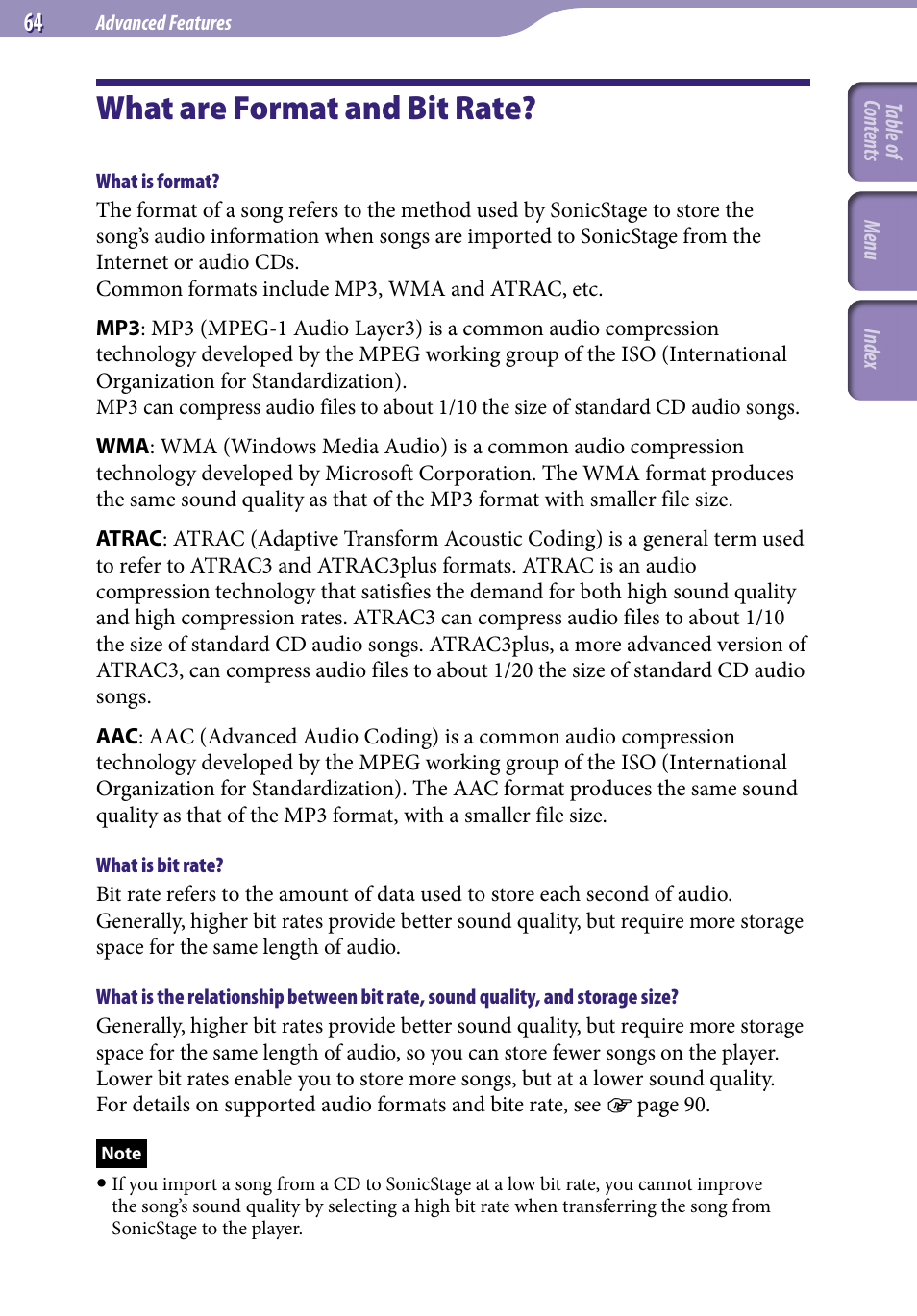 What are format and bit rate | Sony NW-S203F User Manual | Page 64 / 93
