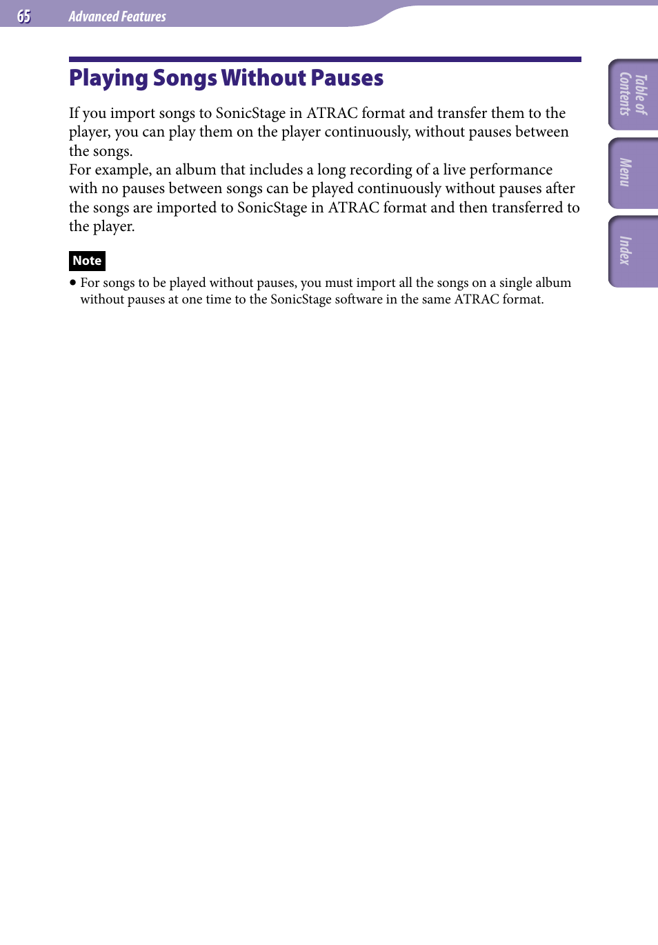 Playing songs without pauses | Sony NW-S203F User Manual | Page 65 / 93