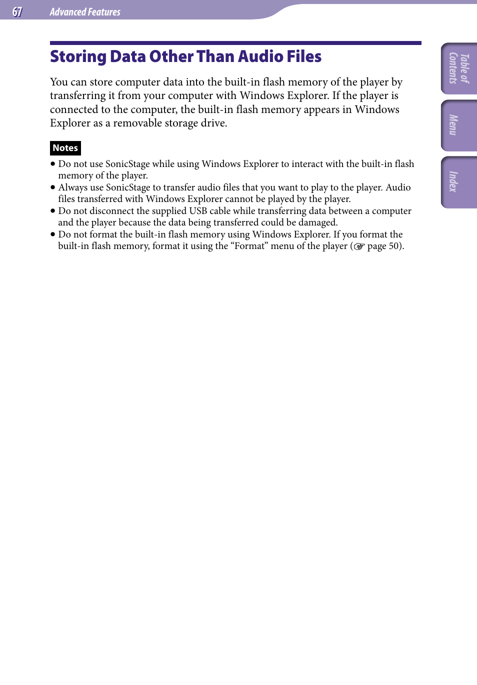 Storing data other than audio files | Sony NW-S203F User Manual | Page 67 / 93