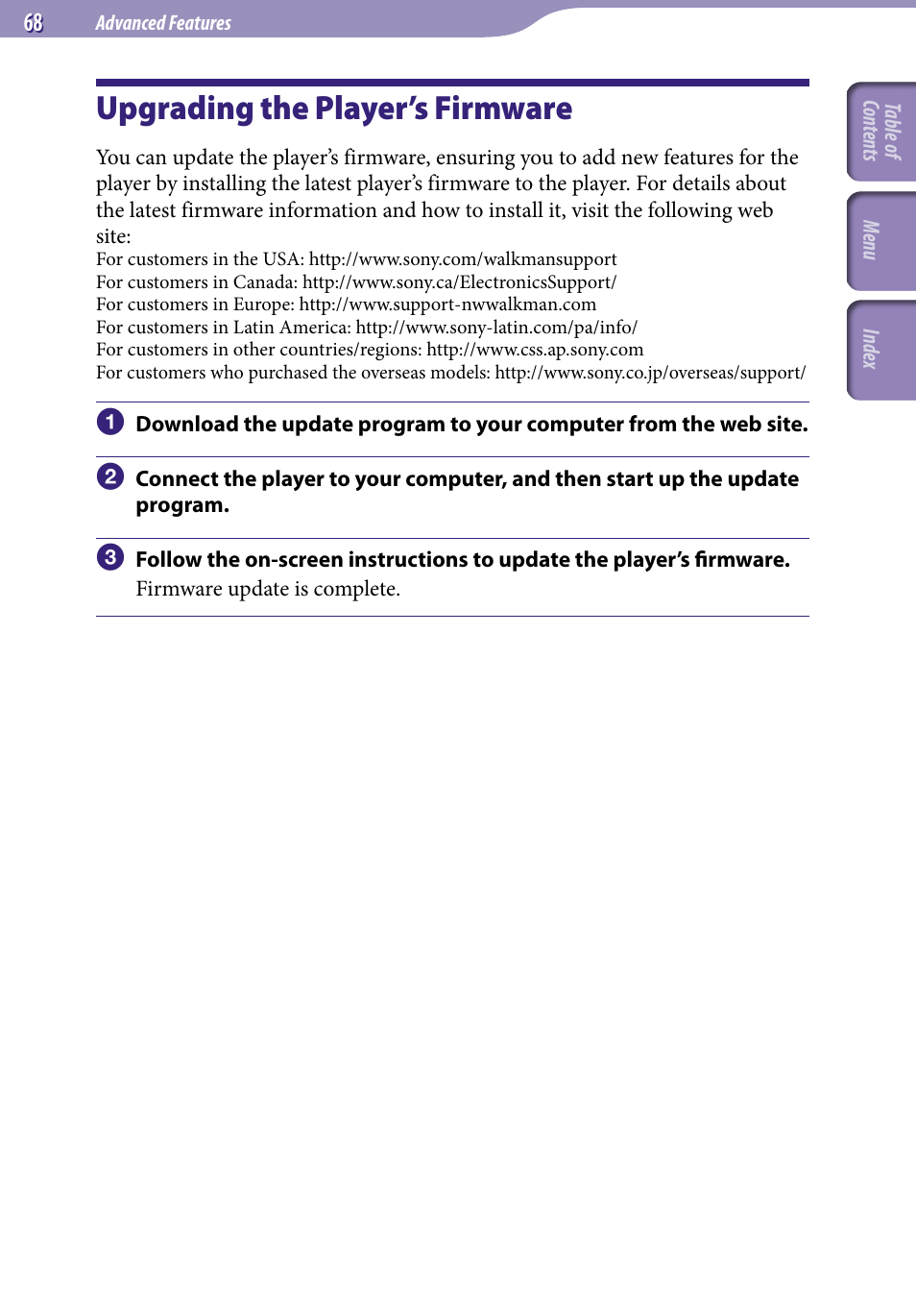 Upgrading the player’s firmware | Sony NW-S203F User Manual | Page 68 / 93