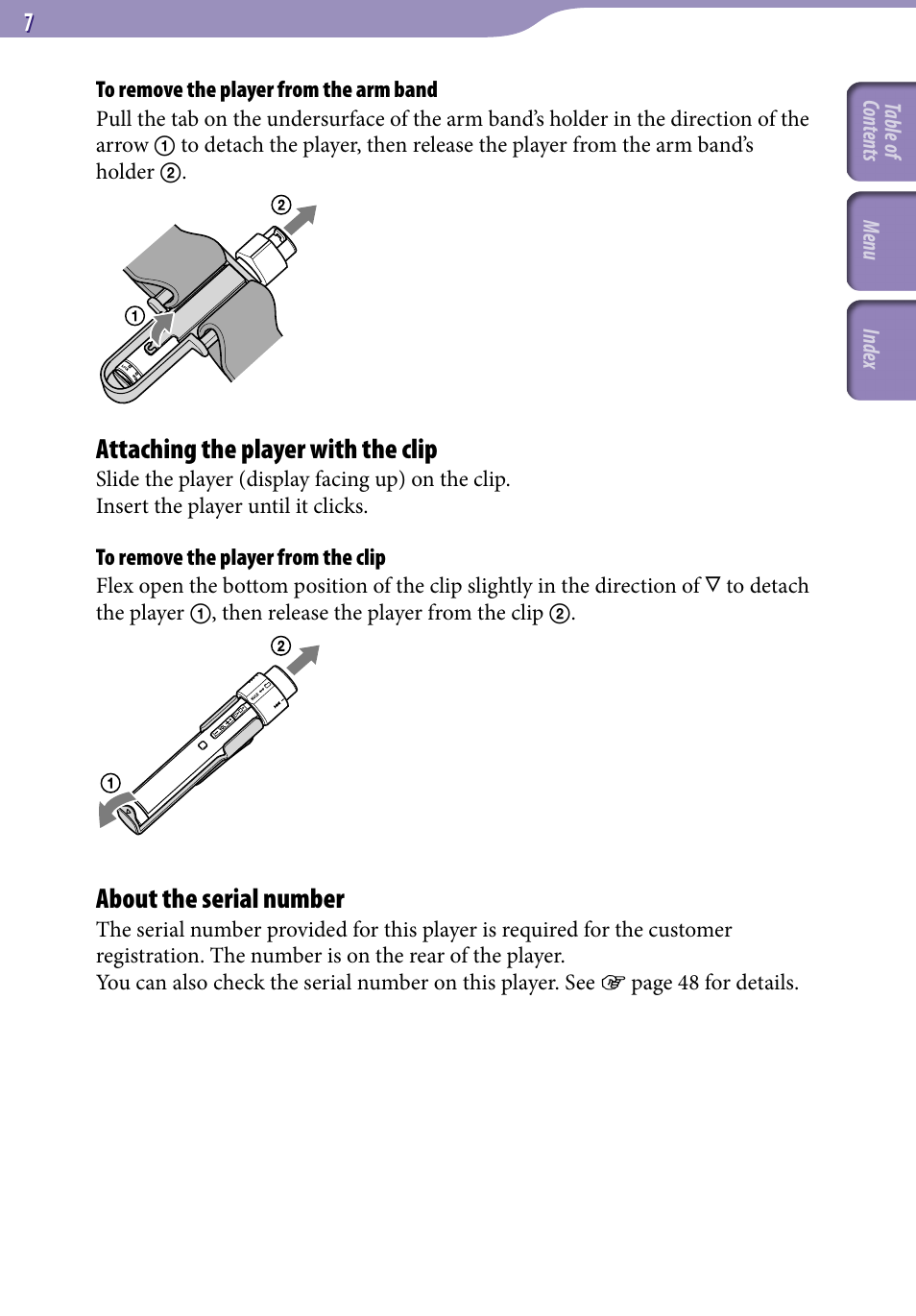 Attaching the player with the clip, About the serial number | Sony NW-S203F User Manual | Page 7 / 93