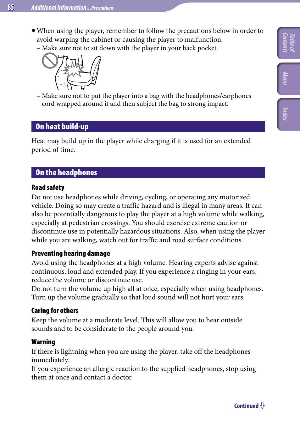On heat build-up, On the headphones | Sony NW-S203F User Manual | Page 85 / 93