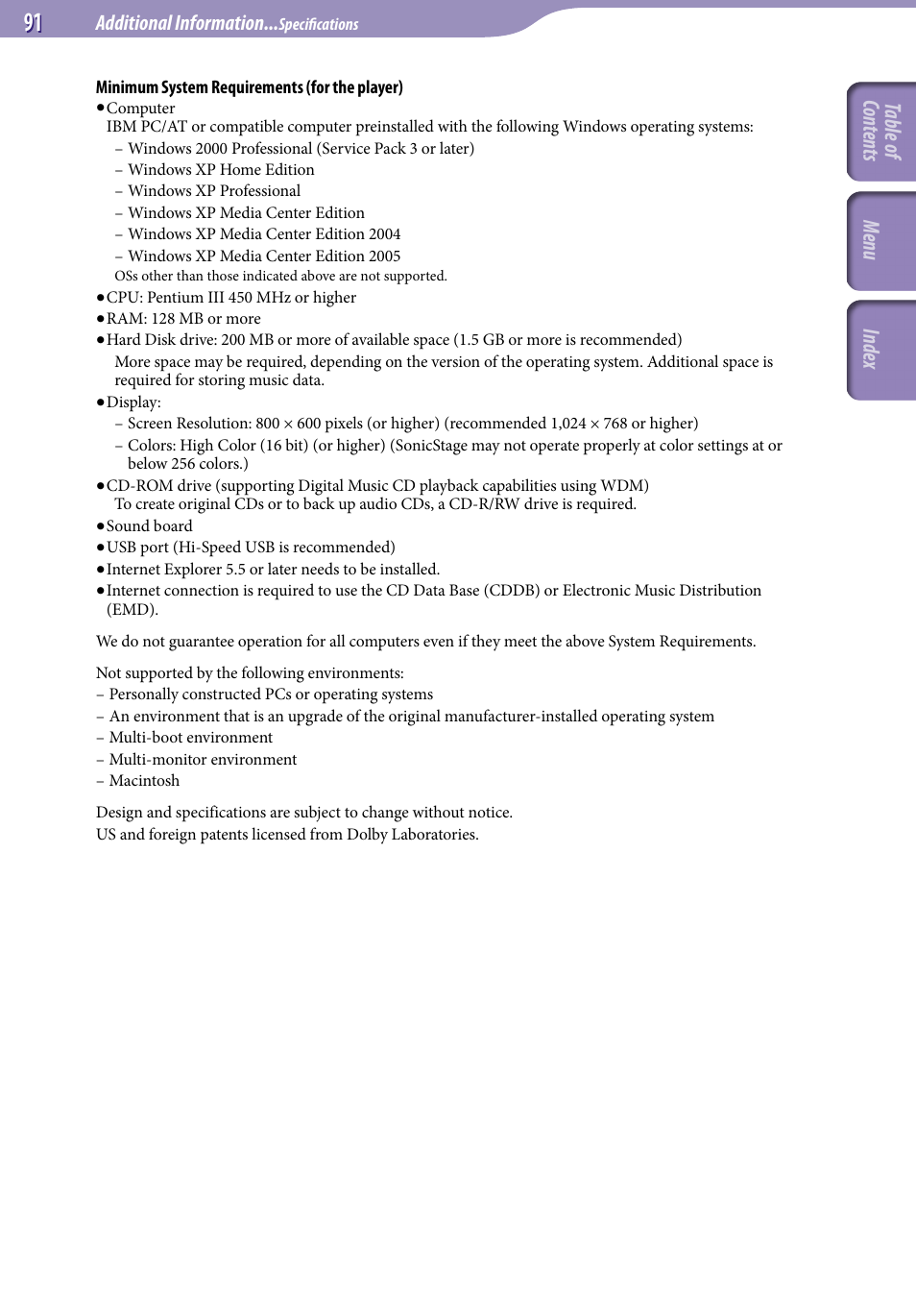 Table of cont ents inde x menu | Sony NW-S203F User Manual | Page 91 / 93