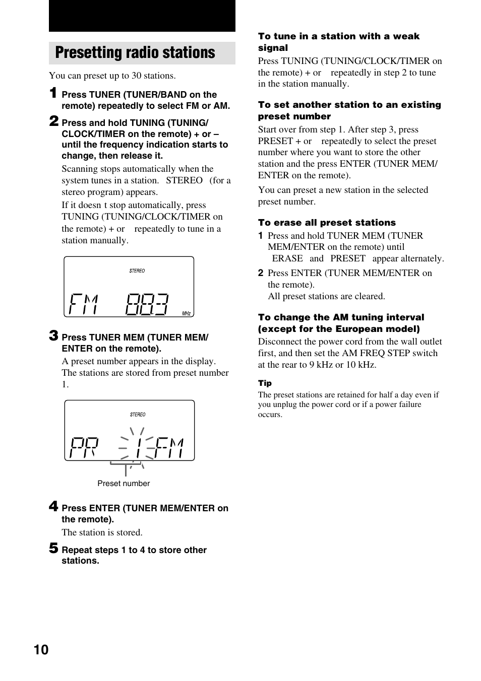 Tuner, Presetting radio stations | Sony CMT-EP50 User Manual | Page 10 / 24