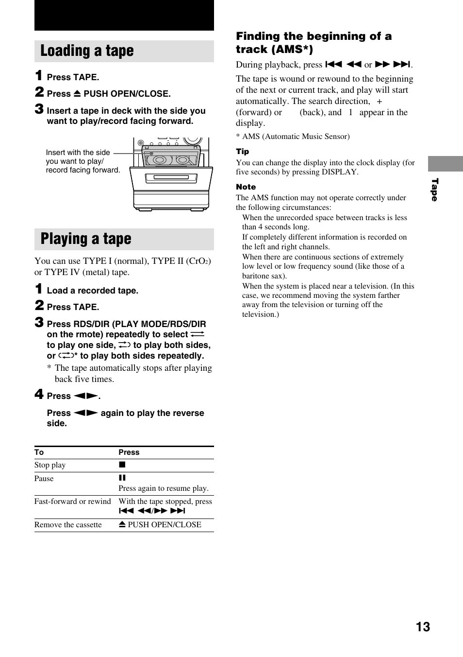 Tape, Loading a tape, Playing a tape | Sony CMT-EP50 User Manual | Page 13 / 24