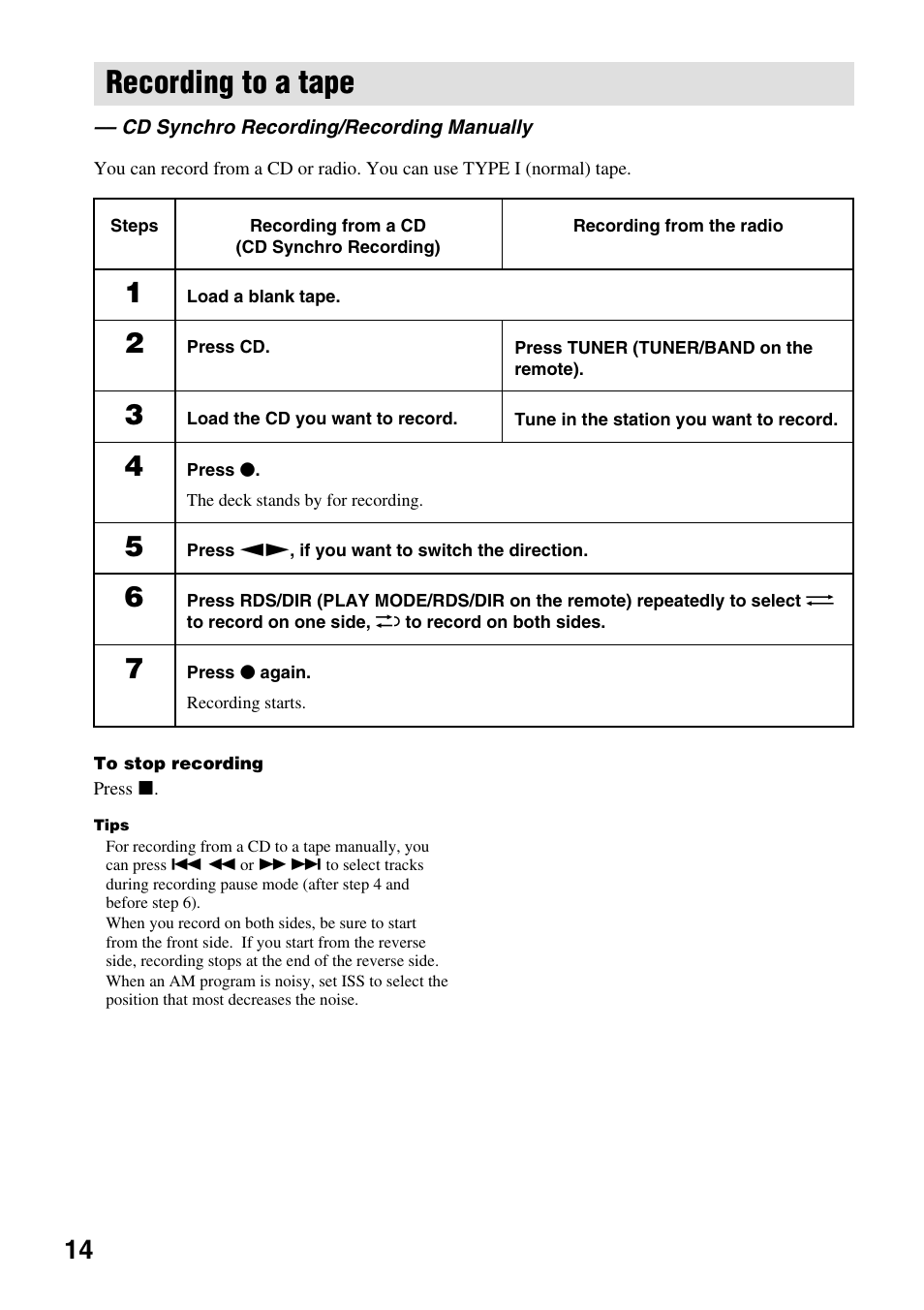 Recording to a tape | Sony CMT-EP50 User Manual | Page 14 / 24