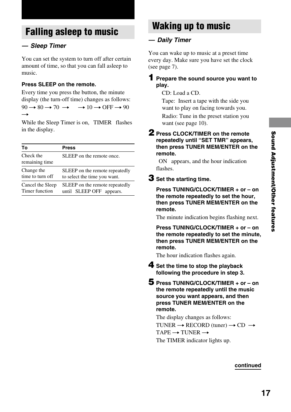 Other features, Falling asleep to music — sleep timer, Waking up to music — daily timer | Waking up to music, Falling asleep to music | Sony CMT-EP50 User Manual | Page 17 / 24