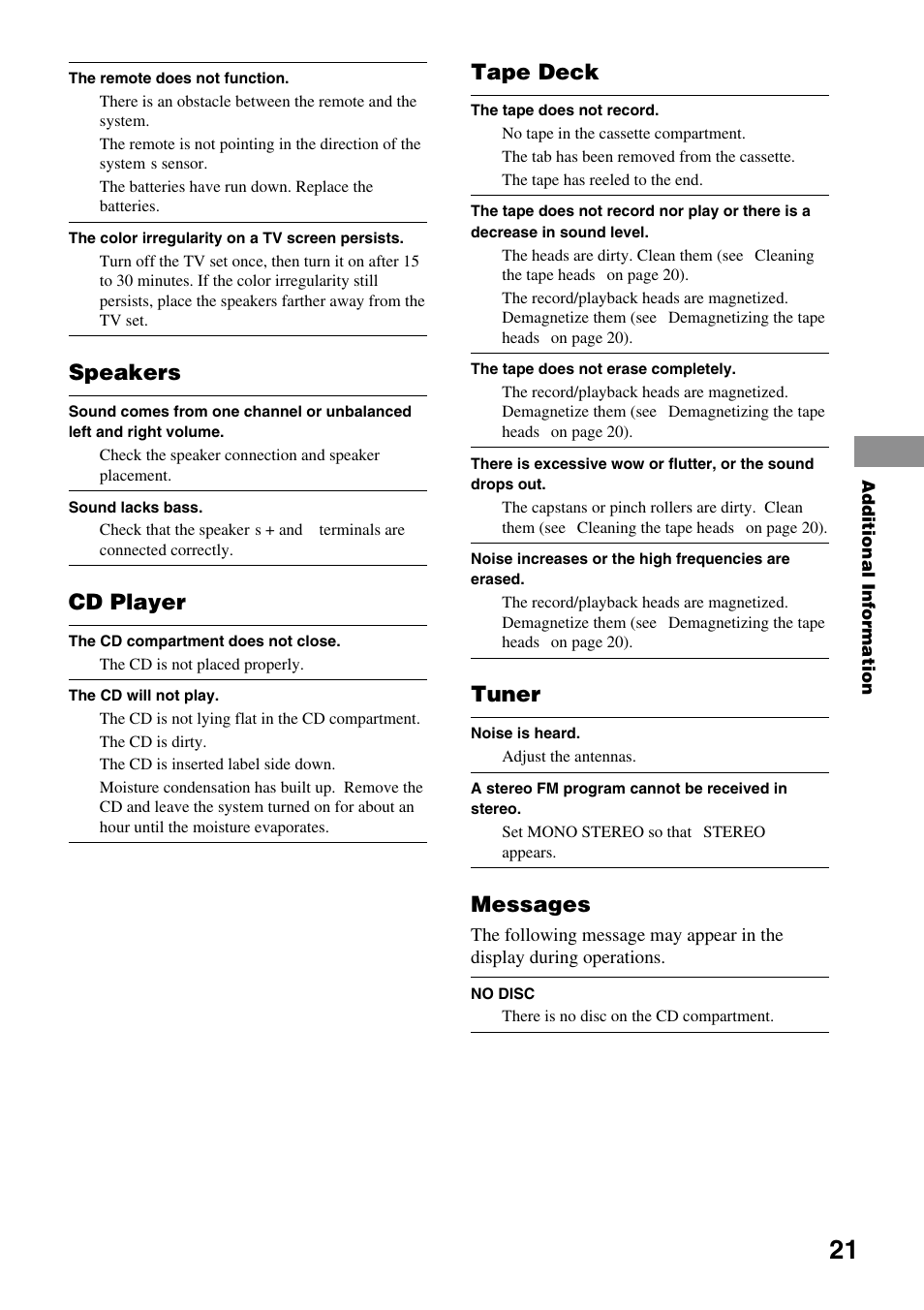 Speakers, Cd player, Tape deck | Tuner, Messages | Sony CMT-EP50 User Manual | Page 21 / 24