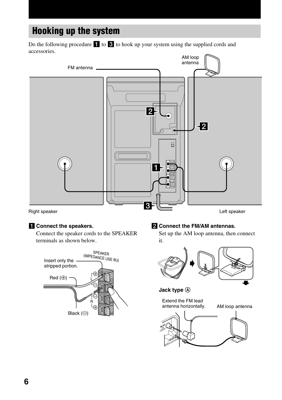 Getting started, Hooking up the system, Set up the am loop antenna, then connect it | Sony CMT-EP50 User Manual | Page 6 / 24