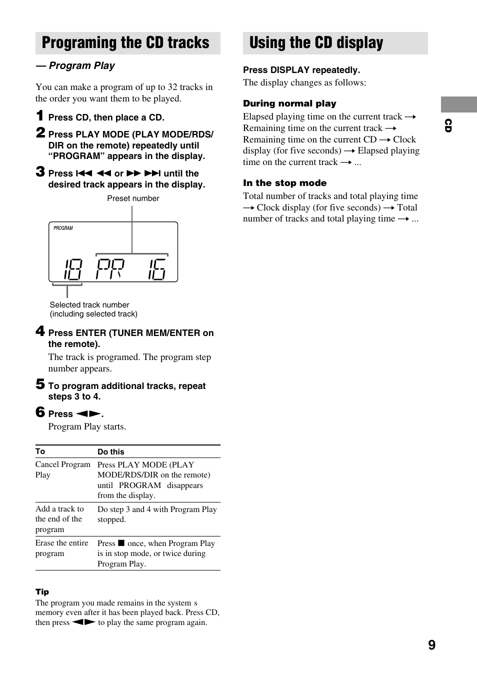 Programing the cd tracks — program play, Using the cd display, Programing the cd tracks | Sony CMT-EP50 User Manual | Page 9 / 24