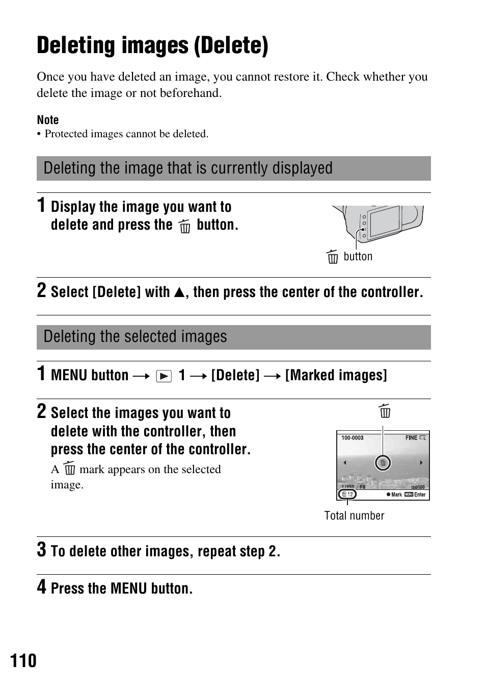 Deleting images (delete), Button (110), Delete (110) | Sony 3-287-969-15 (1) User Manual | Page 110 / 167