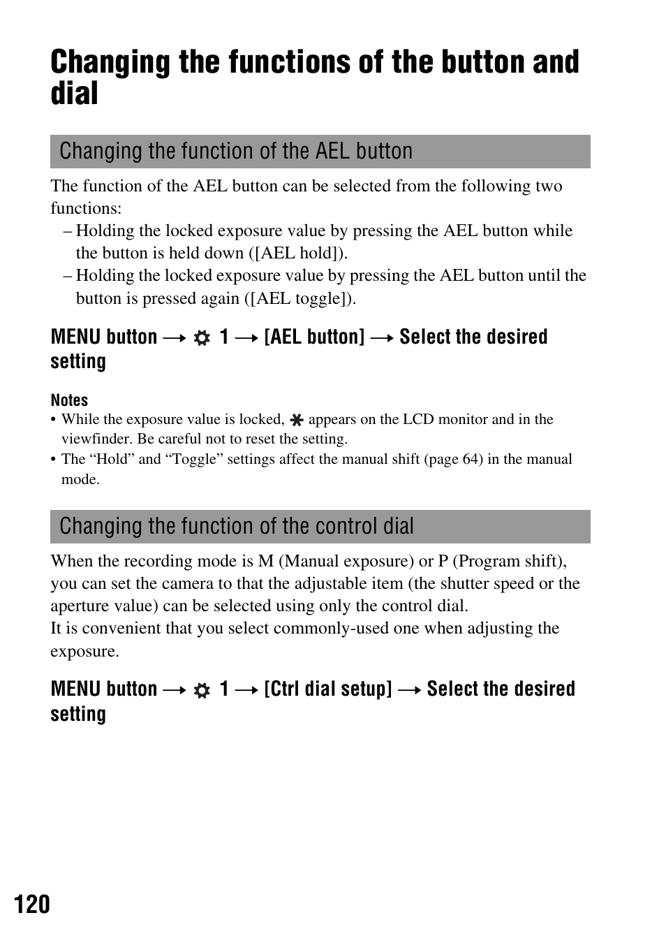 Changing the functions of the button and dial, On (120), P (120) | Sony 3-287-969-15 (1) User Manual | Page 120 / 167