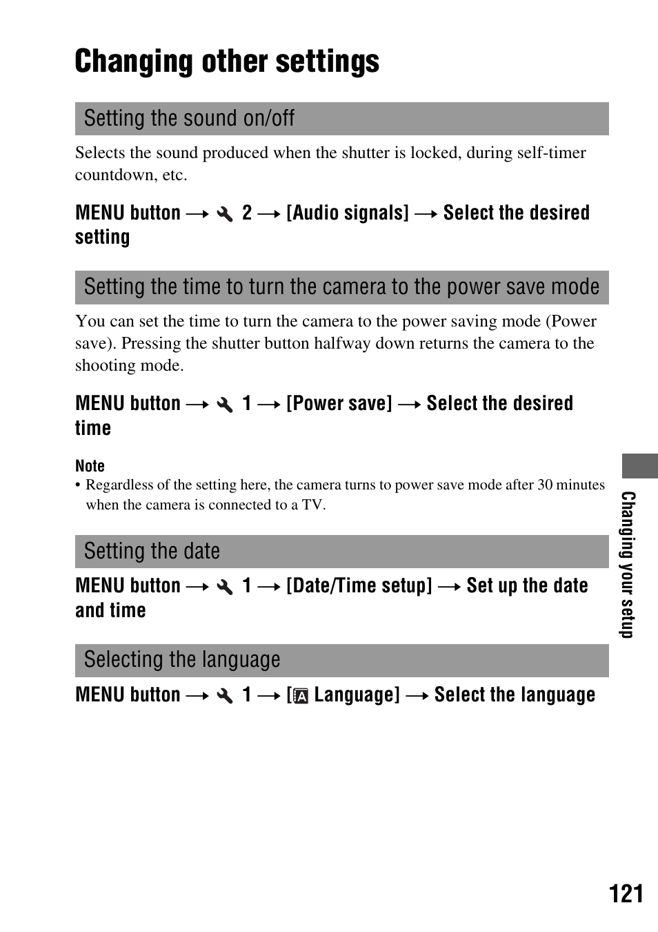 Changing other settings, Ve (121), E (121) | P (121), Gnals (121) | Sony 3-287-969-15 (1) User Manual | Page 121 / 167