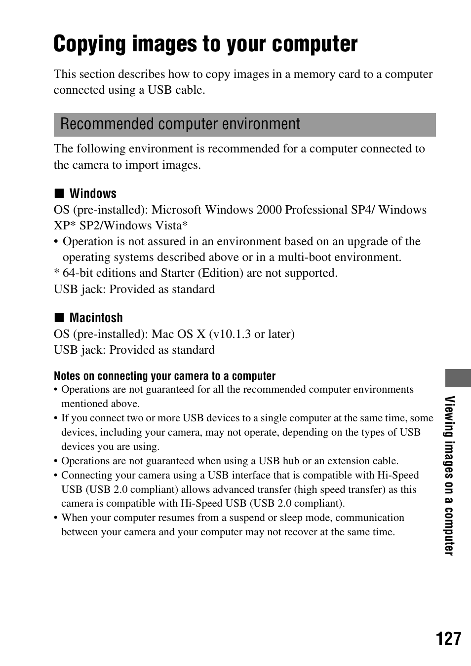 Viewing images on a computer, Copying images to your computer, Recommended computer environment | Sony 3-287-969-15 (1) User Manual | Page 127 / 167