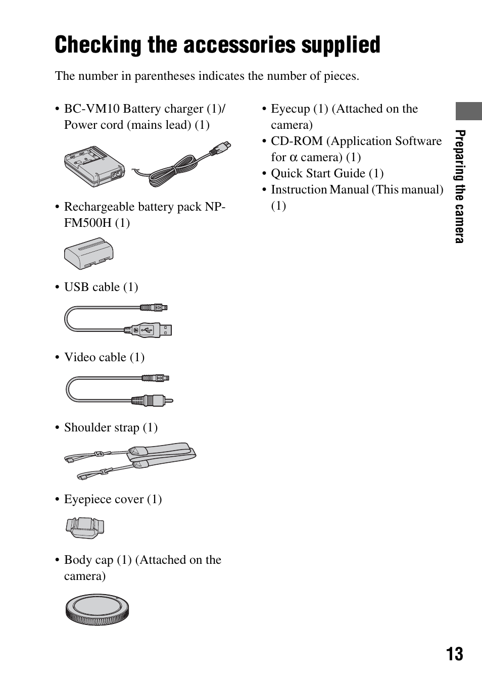 Preparing the camera, Checking the accessories supplied | Sony 3-287-969-15 (1) User Manual | Page 13 / 167