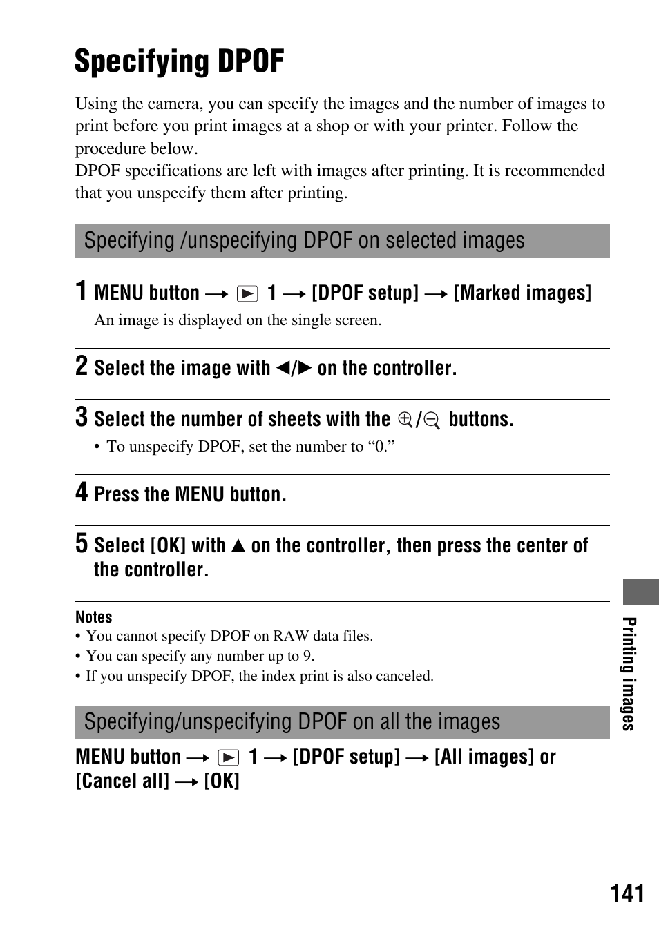 Printing images, Specifying dpof, Dpof setup (141) | Dpof set (141) | Sony 3-287-969-15 (1) User Manual | Page 141 / 167
