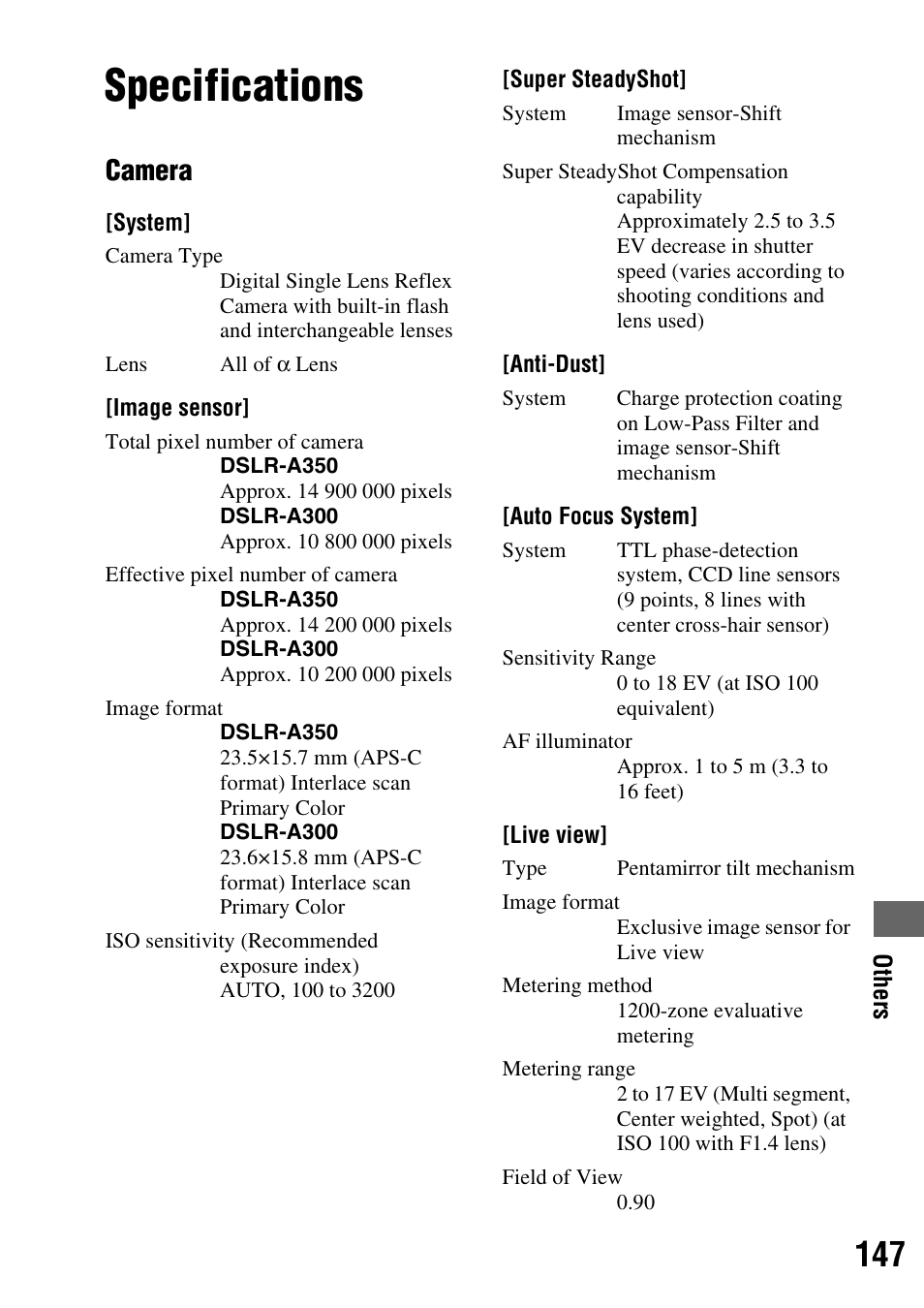 Others, Specifications, Camera | Sony 3-287-969-15 (1) User Manual | Page 147 / 167