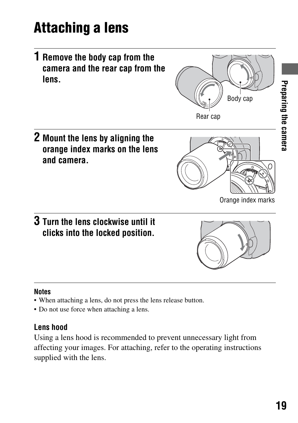 Attaching a lens | Sony 3-287-969-15 (1) User Manual | Page 19 / 167