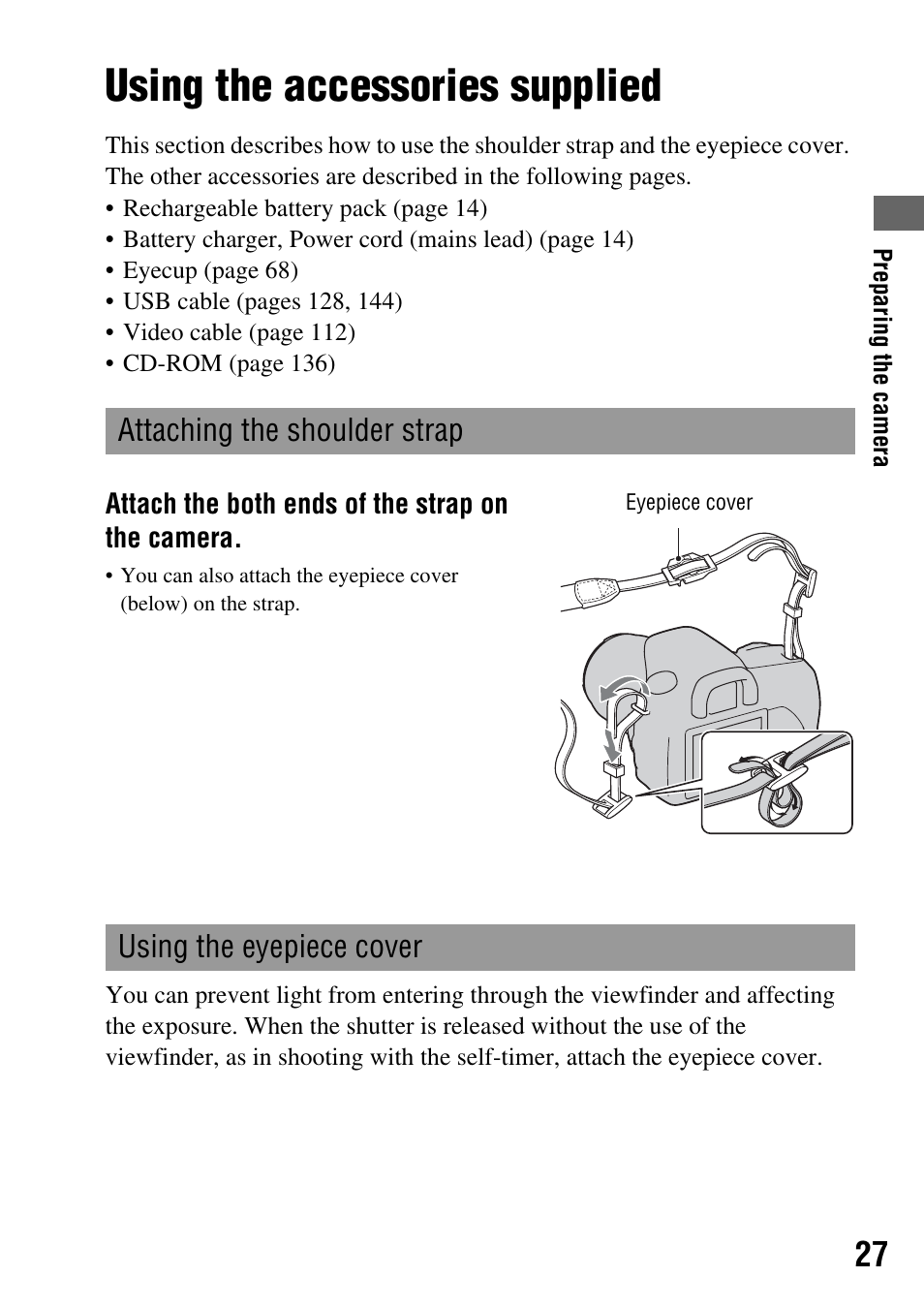 Using the accessories supplied, Attaching the shoulder strap, Using the eyepiece cover | Sony 3-287-969-15 (1) User Manual | Page 27 / 167