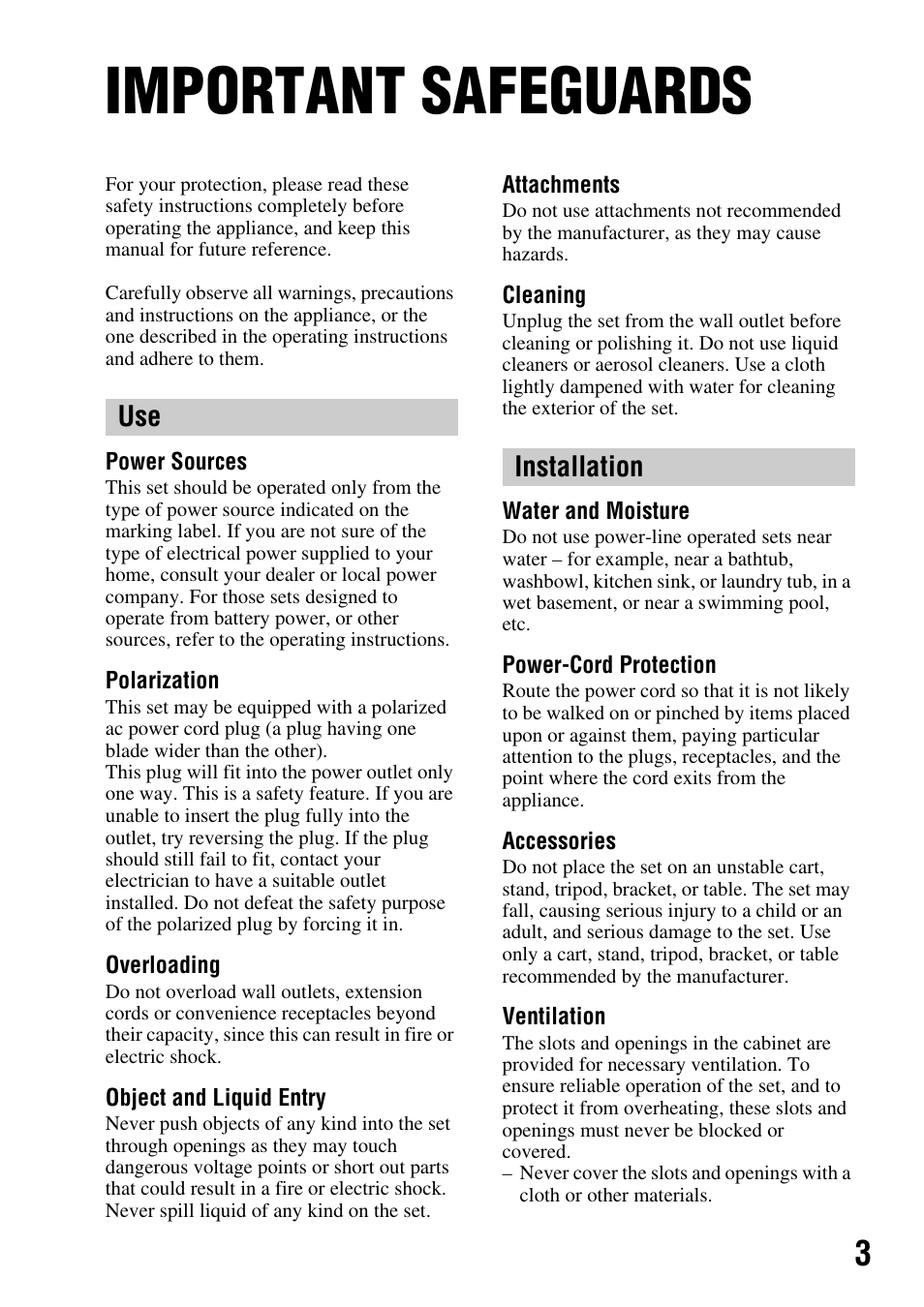 Important safeguards, Use installation | Sony 3-287-969-15 (1) User Manual | Page 3 / 167