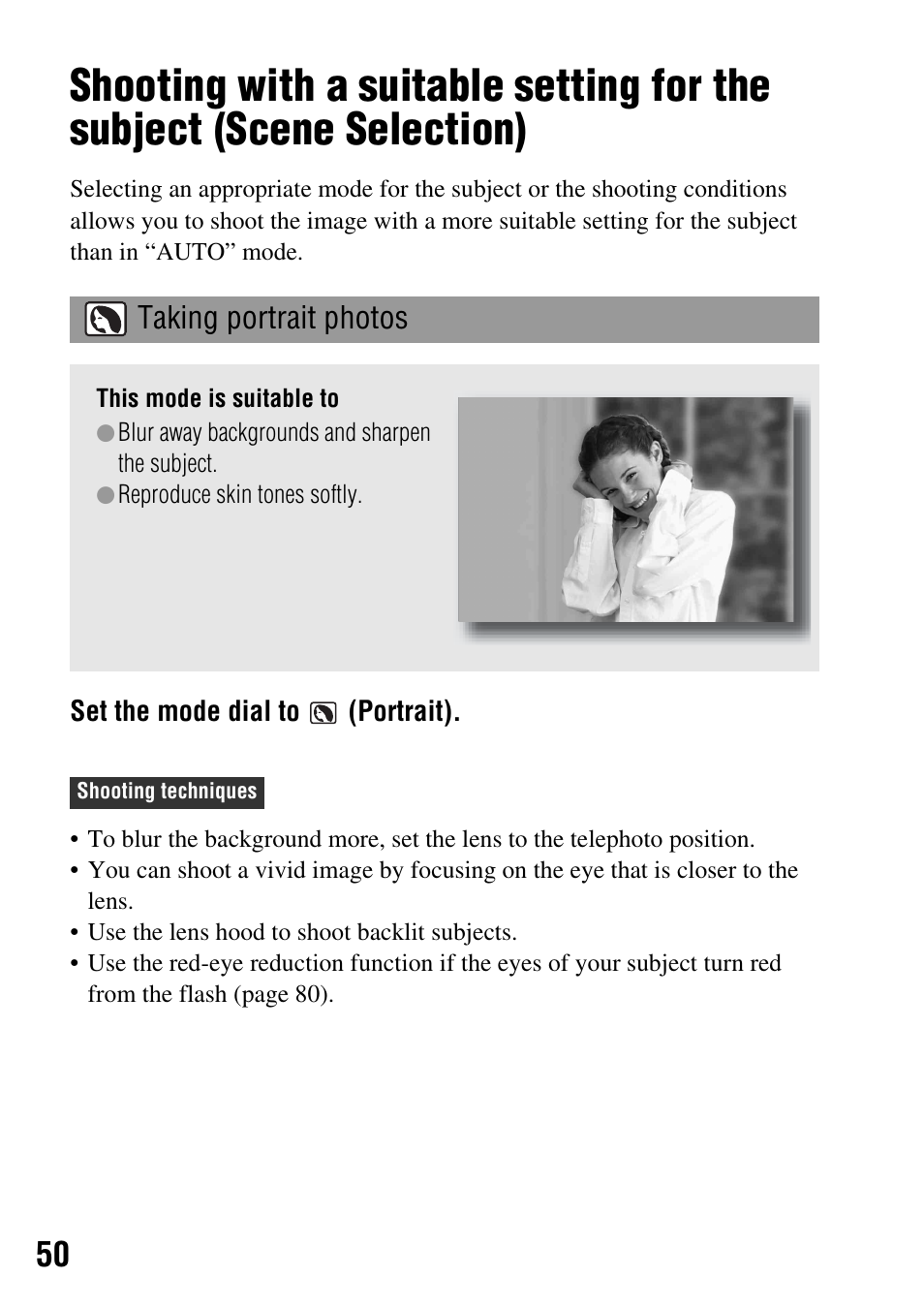 Taking portrait photos, Selection) | Sony 3-287-969-15 (1) User Manual | Page 50 / 167