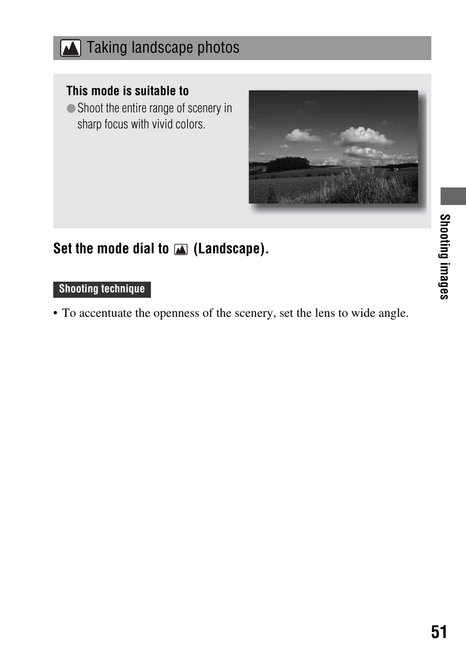 Taking landscape photos | Sony 3-287-969-15 (1) User Manual | Page 51 / 167