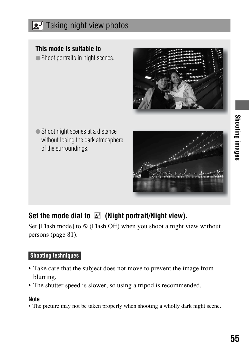 Taking night view photos, Set the mode dial to (night portrait/night view) | Sony 3-287-969-15 (1) User Manual | Page 55 / 167