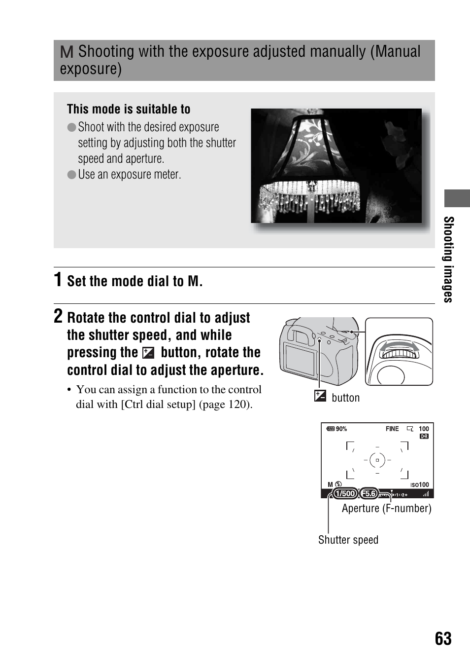 Shooting with the exposure adjusted manually, Manual exposure), E (63, 99 | Sony 3-287-969-15 (1) User Manual | Page 63 / 167