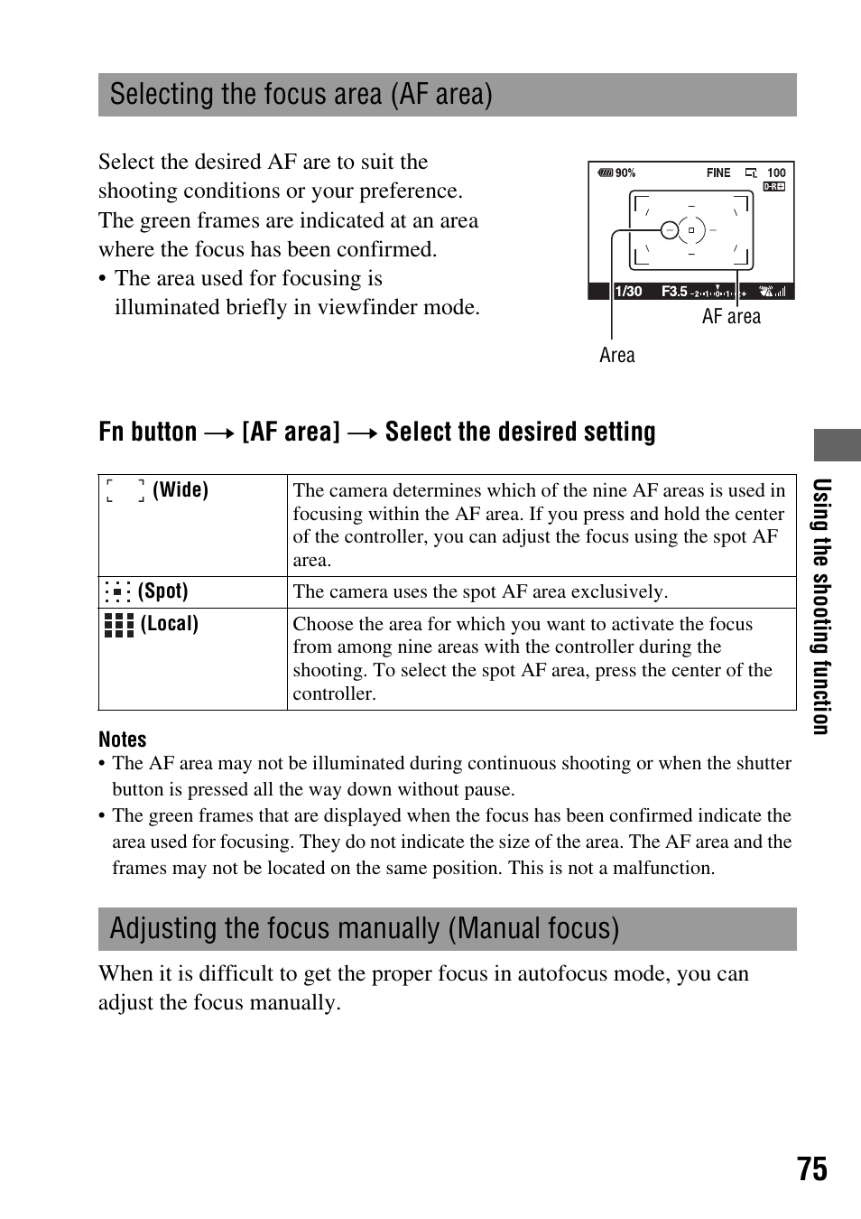 Selecting the focus area (af area), Adjusting the focus manually (manual focus), N (75) | Ea (75), Fn button t [af area] t select the desired setting | Sony 3-287-969-15 (1) User Manual | Page 75 / 167