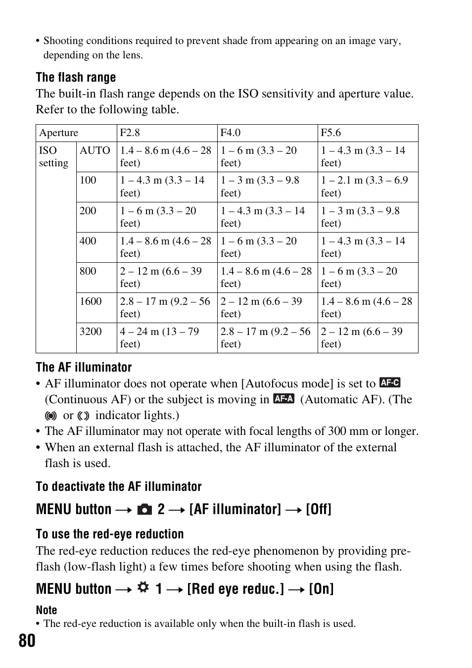 Ion (80), E reduc. (80), On (80) | Menu button t 2 t [af illuminator] t [off, Menu button t 1 t [red eye reduc.] t [on | Sony 3-287-969-15 (1) User Manual | Page 80 / 167