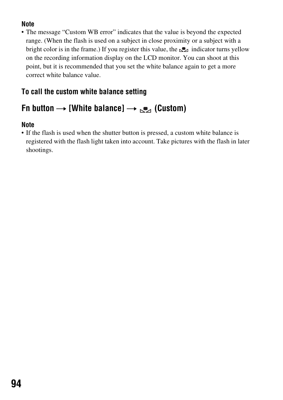Fn button t [white balance] t (custom) | Sony 3-287-969-15 (1) User Manual | Page 94 / 167
