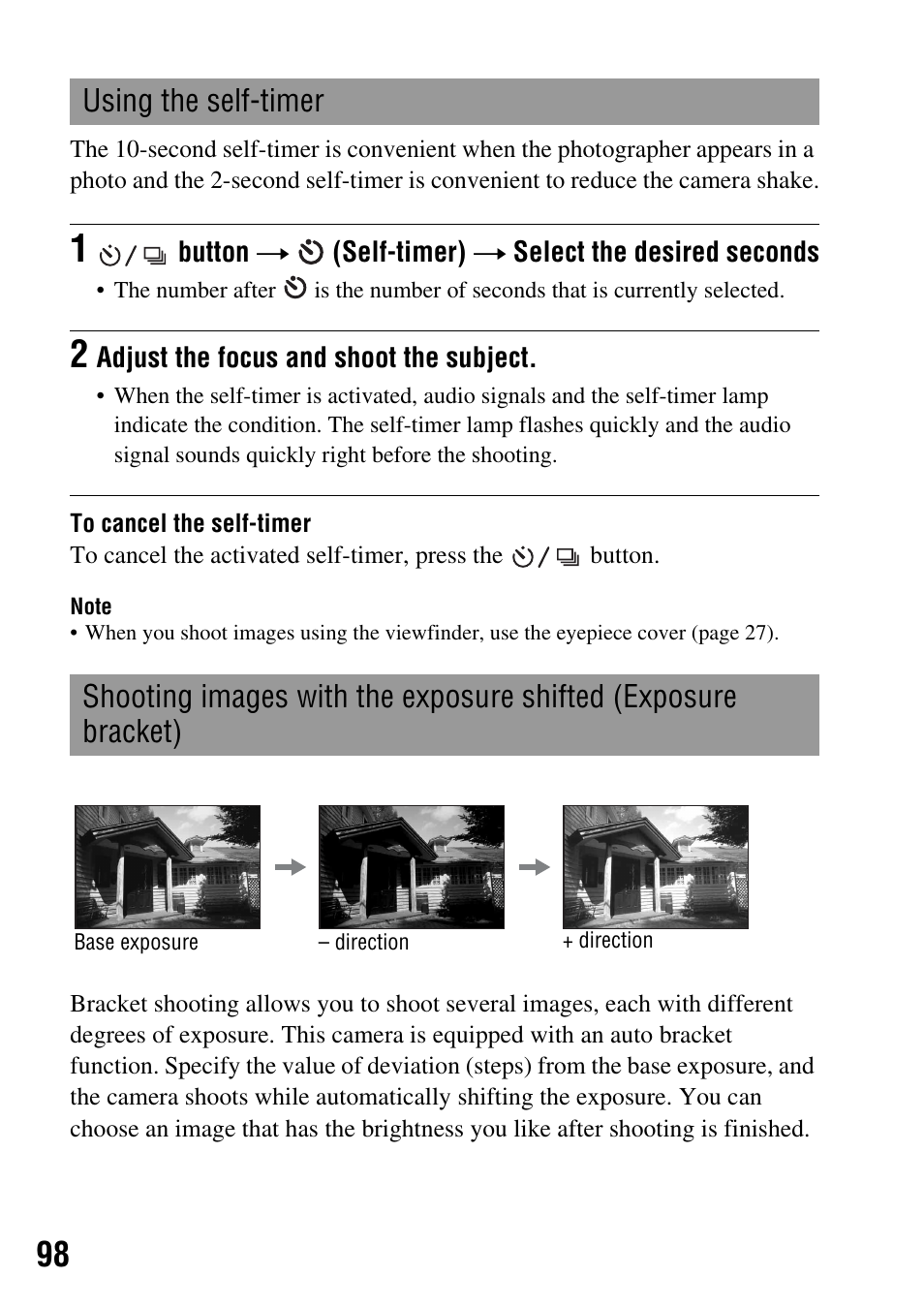 Using the self-timer, Bracket), Mp (98) | Sony 3-287-969-15 (1) User Manual | Page 98 / 167